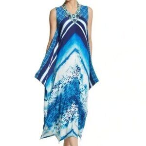 Chicos Womens XL Blue Geometric Sleeveless Stretch Maxi Dress V Neck